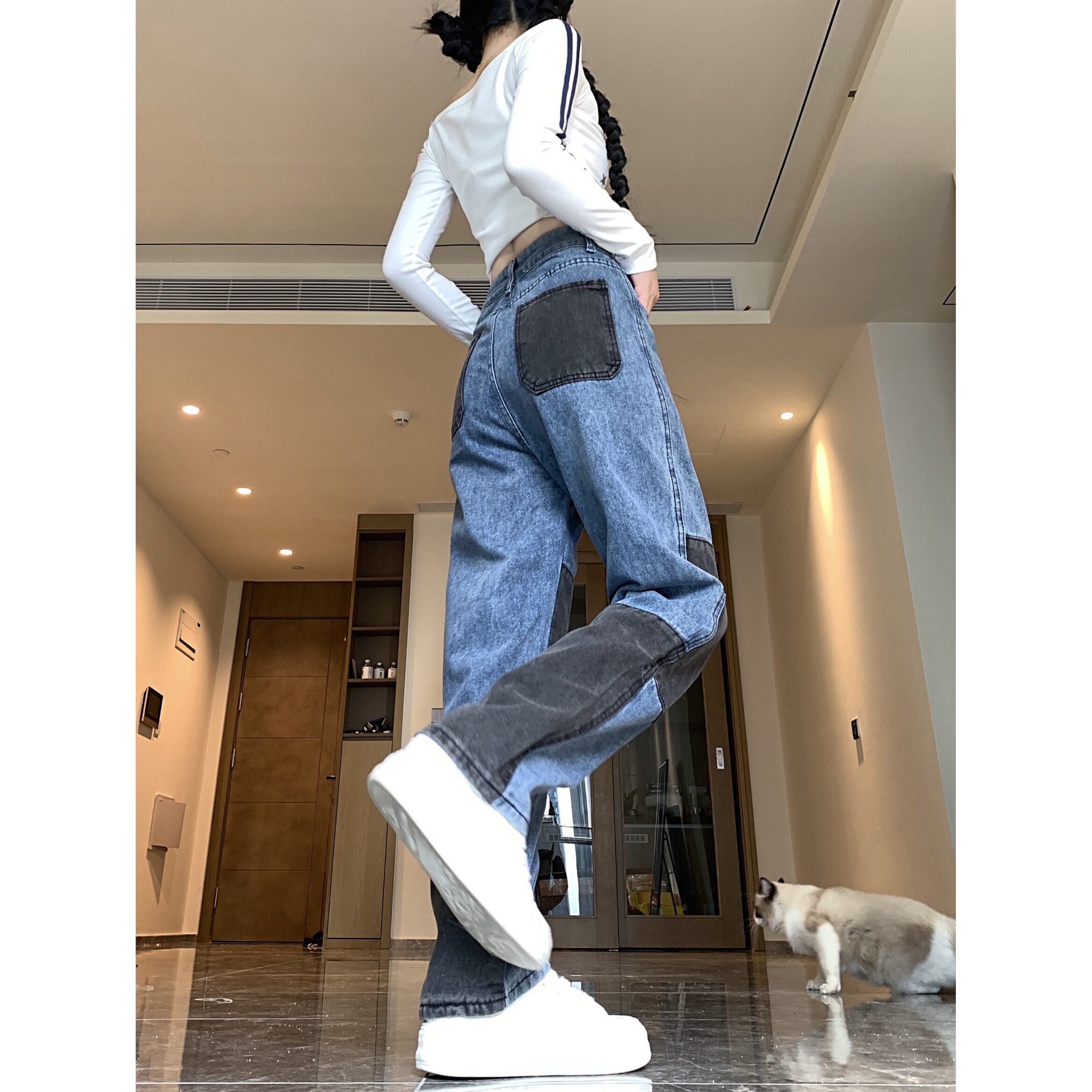 清仓S001-P35街头嘻哈撞色拼接牛仔裤高腰直筒长裤宽松阔腿裤女,男装牛仔裤,电商A306A
