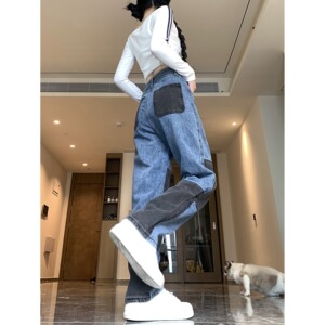 清仓S001-P35 街头嘻哈撞色拼接牛仔裤高腰直筒长裤宽松阔腿裤女图片
