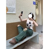 5160-P38特ins嘻哈美式墨绿色破洞牛仔裤宽松直筒裤阔腿裤，男装牛仔裤，电商A306A
