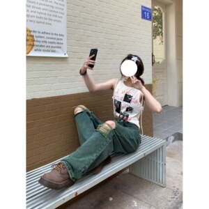 5160-P38特ins嘻哈美式墨绿色破洞牛仔裤宽松直筒裤阔腿裤,裙裤搭配阔腿裤上衣图片