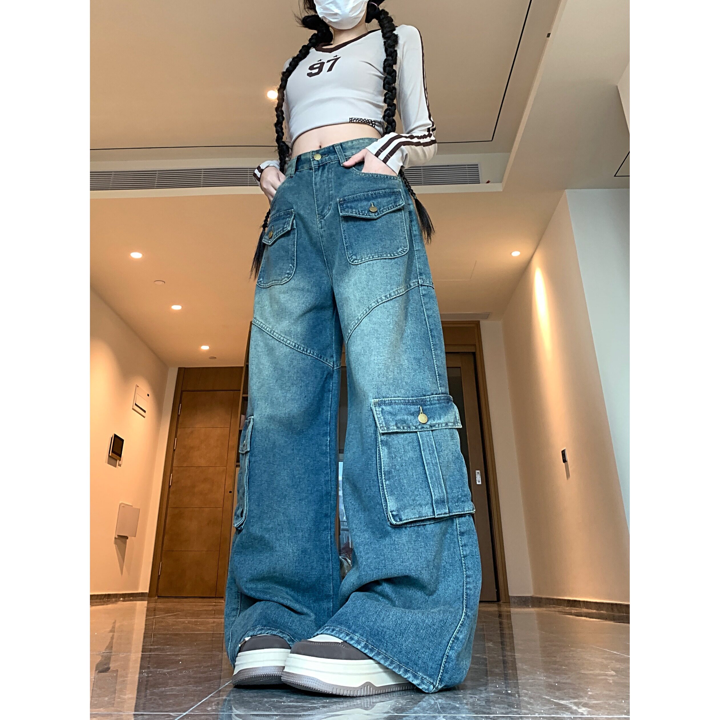 2025新款多口袋工装牛仔裤女新款宽松显瘦直筒拖地长裤,女装牛仔裤,电商A306A