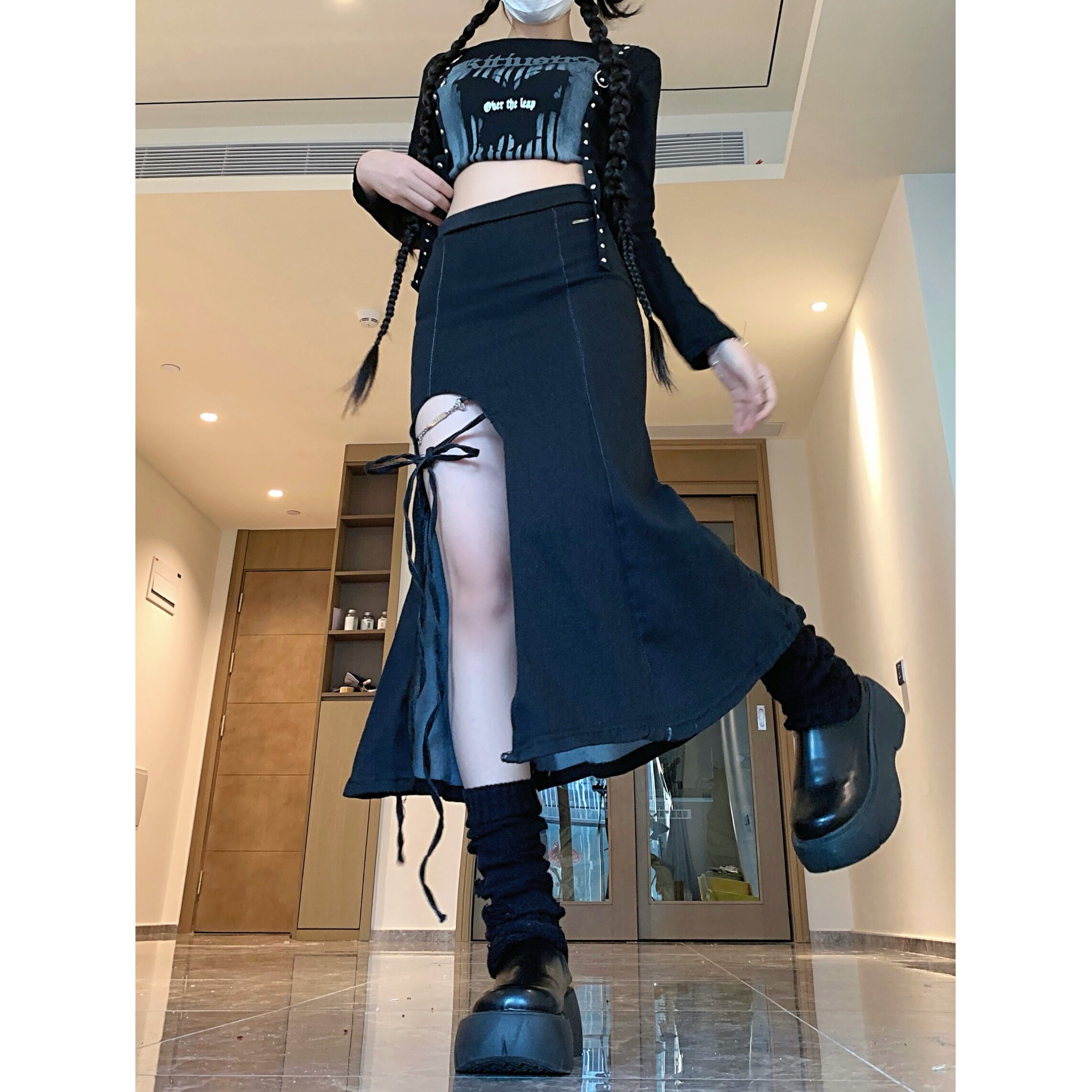 2025春装甜辣妹绑带开叉显瘦牛仔半身裙女性感包臀鱼尾长裙,女装半身裙,电商A306A