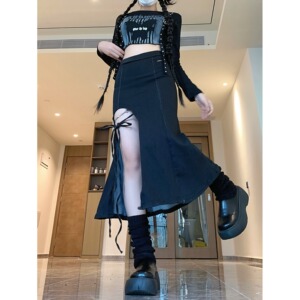 2025春装甜辣妹绑带开叉显瘦牛仔半身裙女性感包臀鱼尾长裙图片