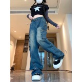 四季2025新款辣妹拉链牛仔裤女四季街头微喇拖地裤子潮流，男装牛仔裤，电商A306A