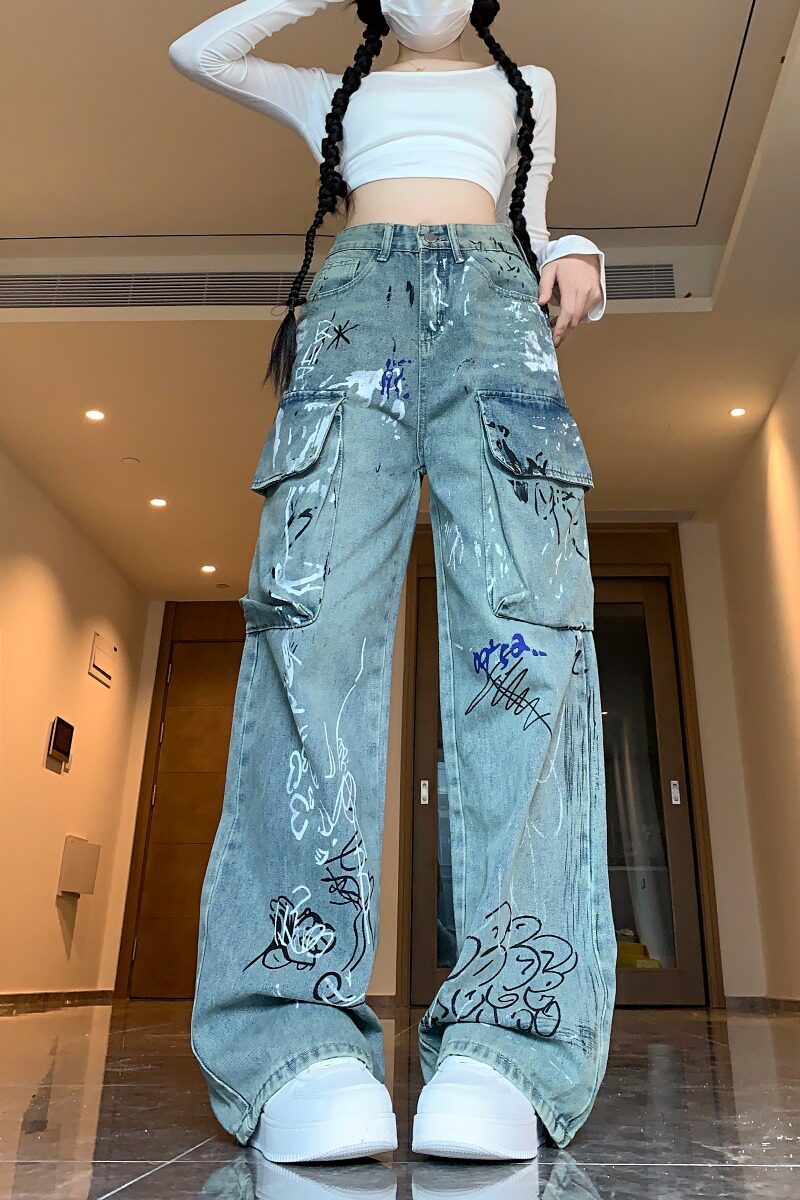四季款涂鸦工装牛仔裤女显瘦气质休闲复古街头原宿印花,女装牛仔裤,电商A306A