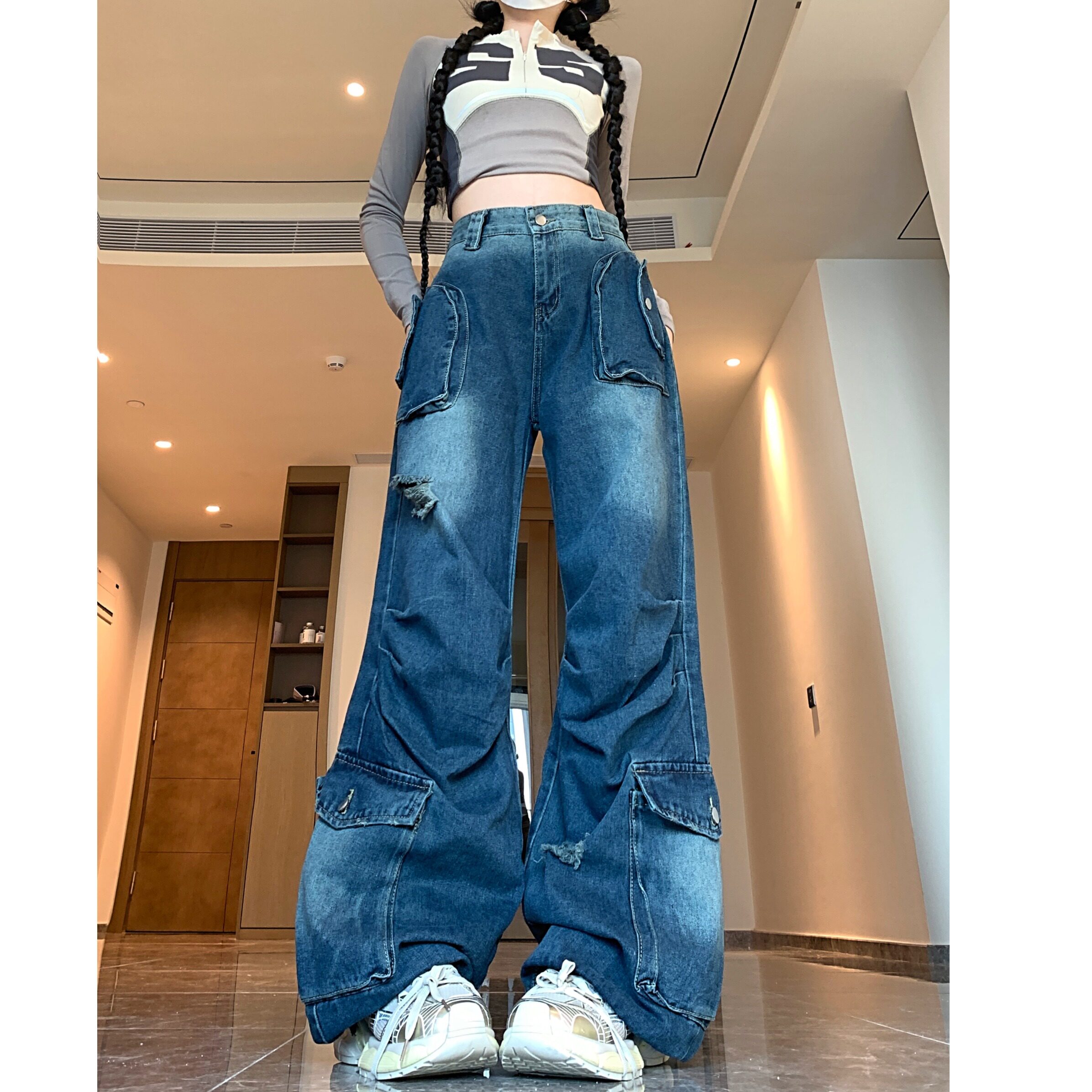 四季2025新款多口袋高街美式工装牛仔裤女阔腿宽松潮牌小众裤子,女装牛仔裤,电商A306A