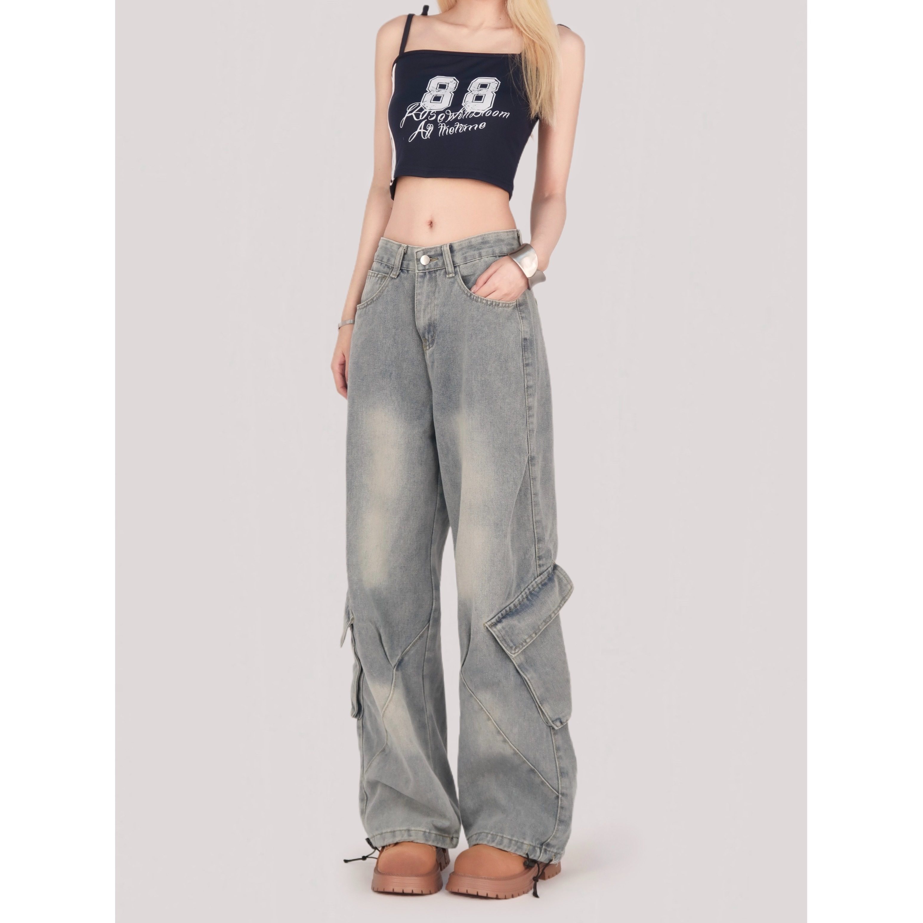 2072-P62复古做旧水洗束脚抽绳工装牛仔裤男女阔腿裤潮，女装牛仔裤，电商A306A