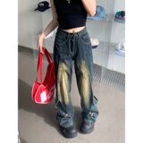 2070-P55复古做旧拼接设计感牛仔裤女阔腿中性美式长裤新款，男装牛仔裤，电商A306A