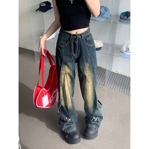 2070-P55 复古做旧拼接设计感牛仔裤女阔腿中性美式长裤新款图片