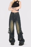 2070-P55拼接设计感牛仔裤女宽松直筒阔腿中性美式长裤，女装牛仔裤，电商A306A