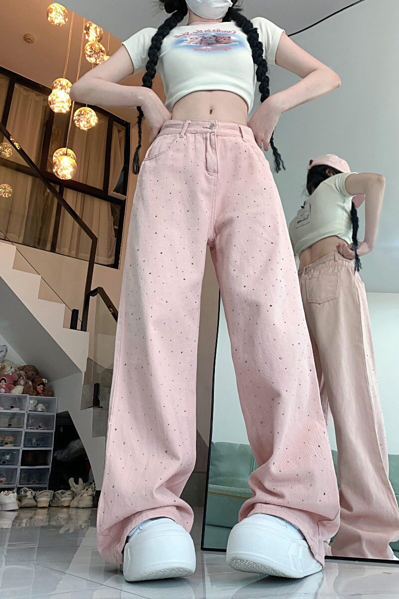 2198-P48粉色烫钻直筒牛仔裤女设计感高腰显瘦宽松阔腿裤子,男装牛仔裤,电商A306A
