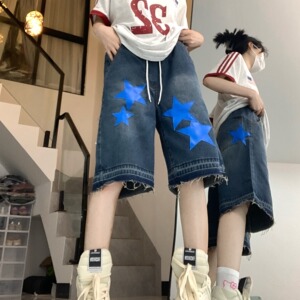 8418-P42 美式高街五分裤女嘻哈潮牌宽松直筒阔腿牛仔中裤图片