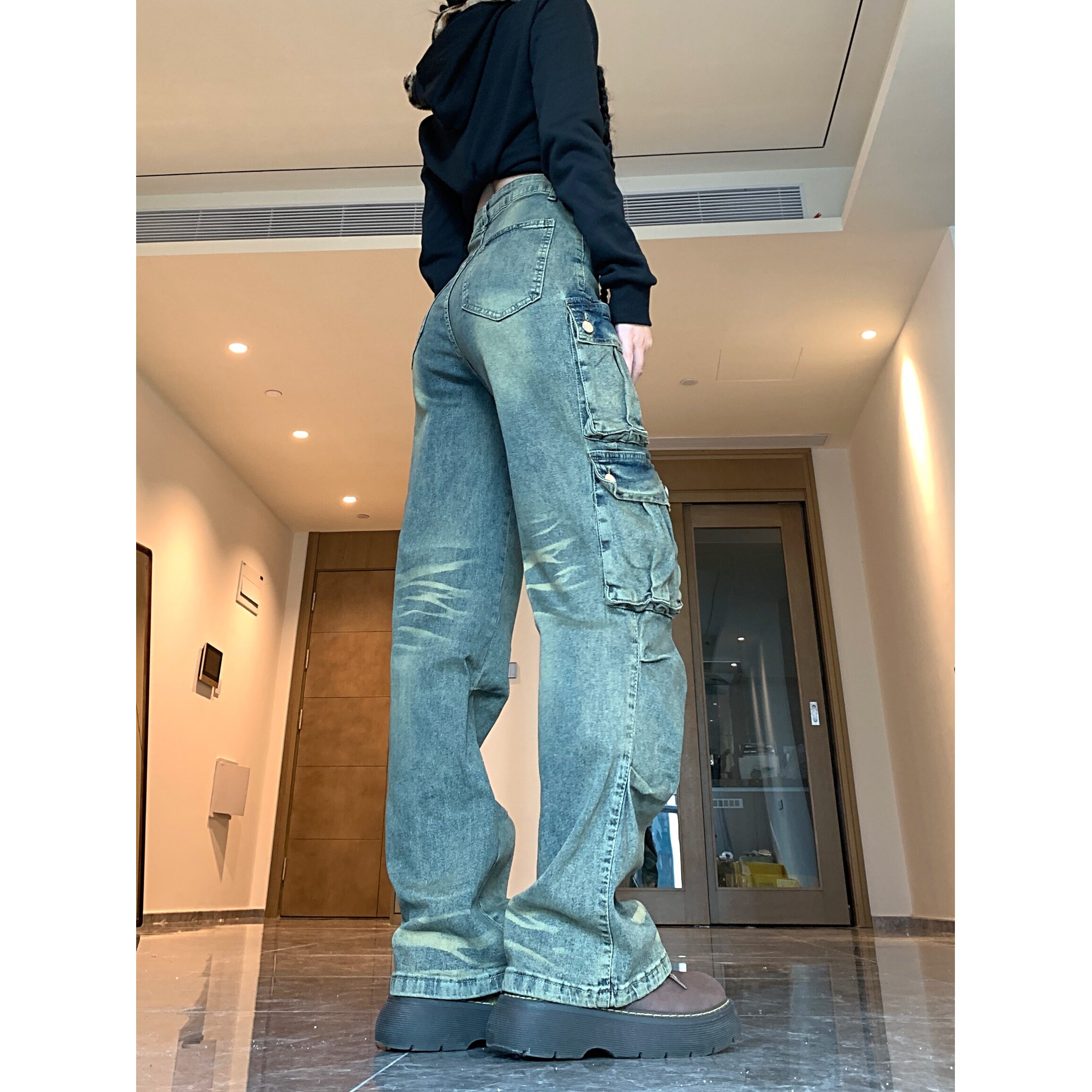 四季款工装牛仔裤男女2025新款复古废土色口袋宽松嘻哈阔腿垂感裤,女装牛仔裤,电商A306A