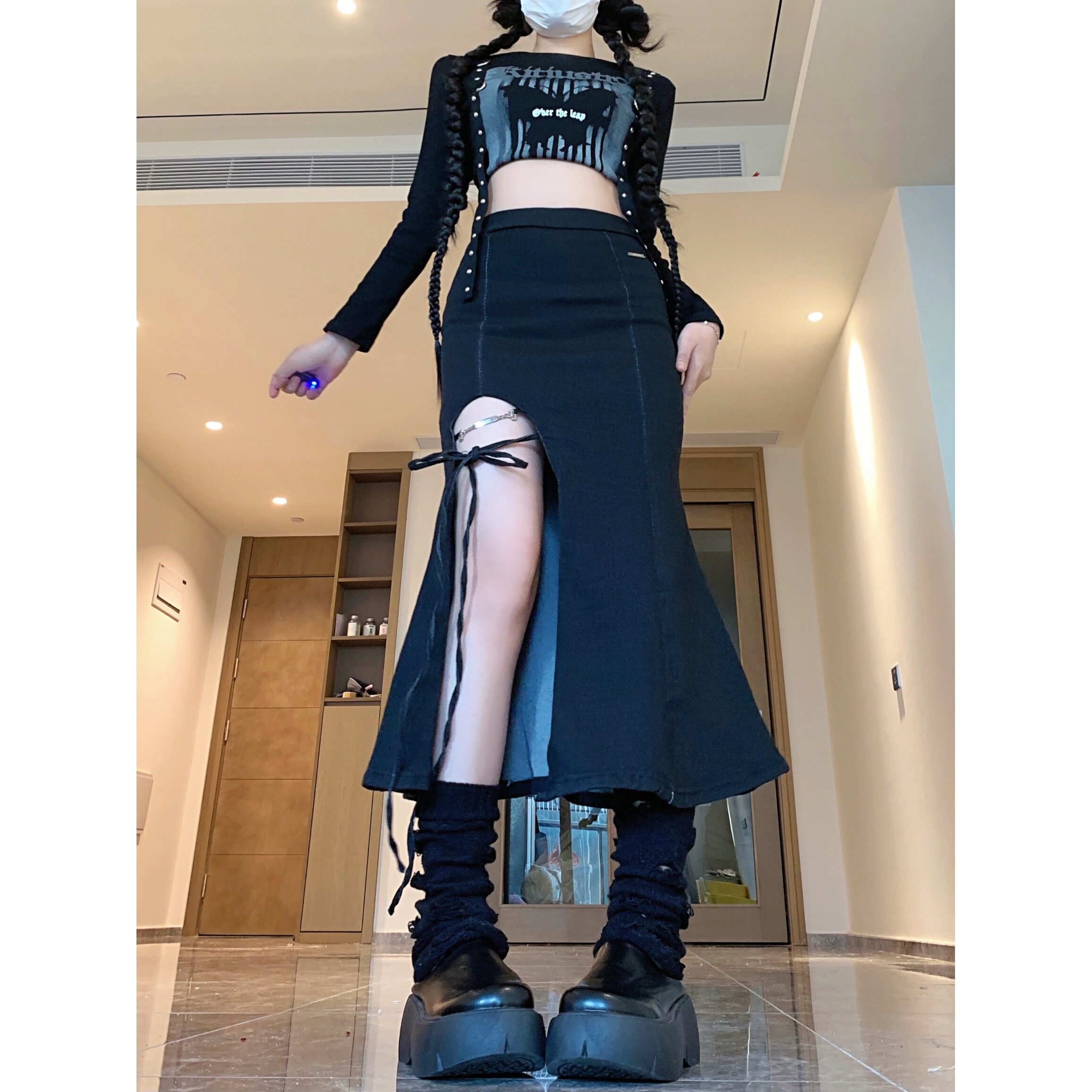 2025春装甜辣妹绑带开叉显瘦牛仔半身裙女性感包臀鱼尾长裙,女装半身裙,电商A306A