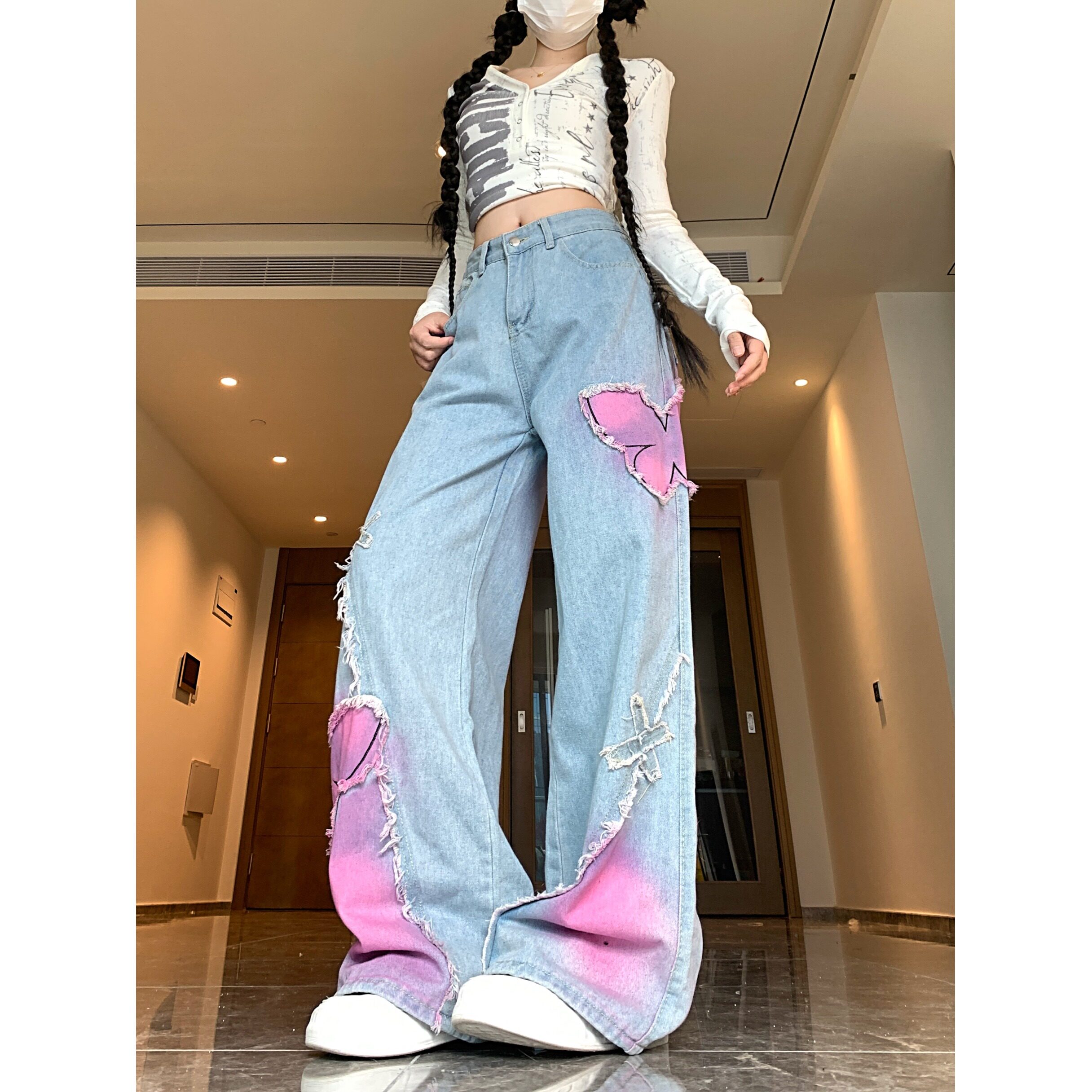 四季2025新款复古蝴蝶刺绣设计感毛边牛仔裤女甜酷直筒裤,男装牛仔裤,电商A306A