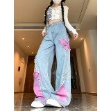 四季2025新款复古蝴蝶刺绣设计感毛边牛仔裤女甜酷直筒裤，男装牛仔裤，电商A306A
