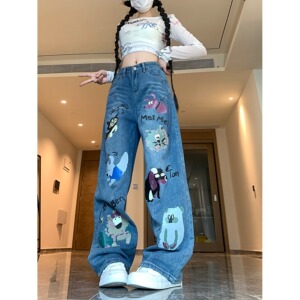 四季2025新款涂鸦印花高街牛仔裤女设计感小众高腰宽松阔腿裤子图片
