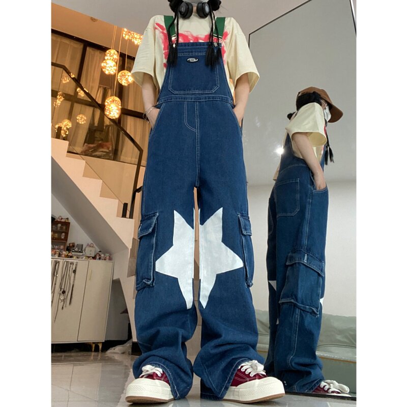 7648-P50港风星星牛仔背带裤女直筒长裤高腰宽松阔腿裤子,男装牛仔裤,电商A306A