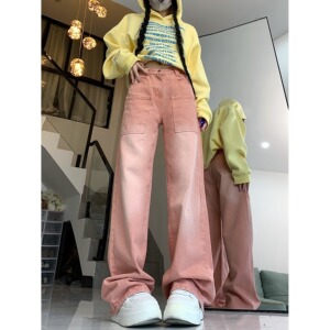 四季款美式粉色牛仔裤水洗做旧宽松直筒阔腿休闲堆积感长裤图片