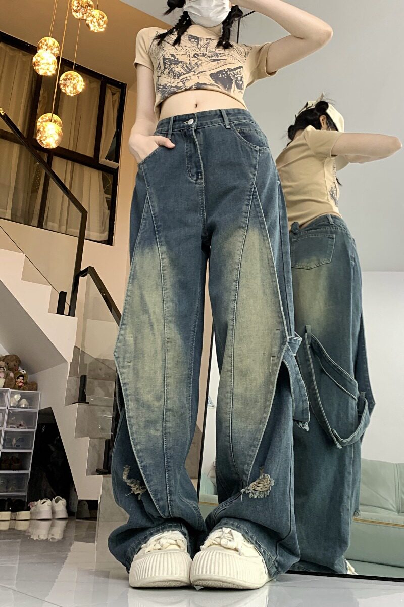 2070-P55复古做旧拼接设计感牛仔裤女阔腿中性美式长裤新款,男装牛仔裤,电商A306A