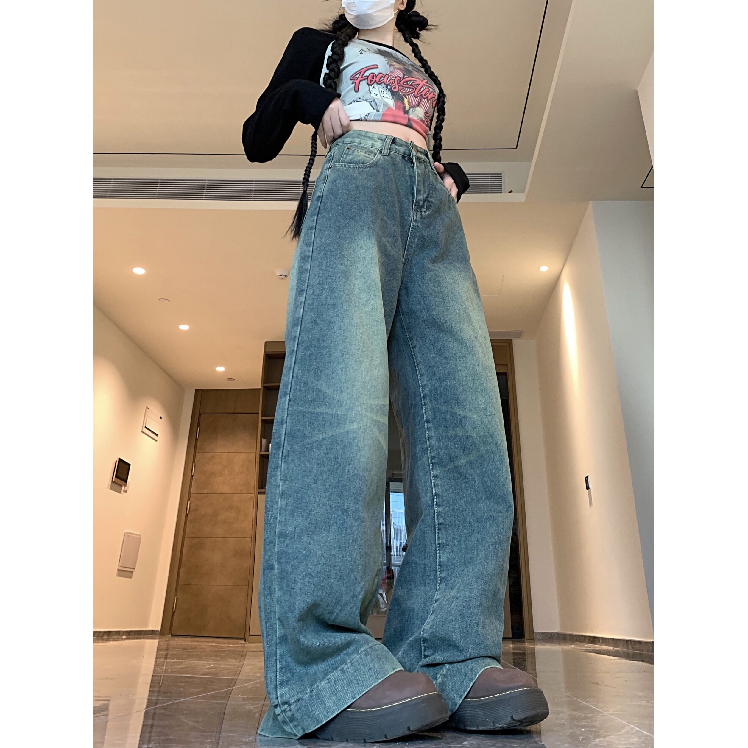 四季2025新款牛仔裤女秋季高腰宽松显瘦休闲做旧直筒拖地长裤图片