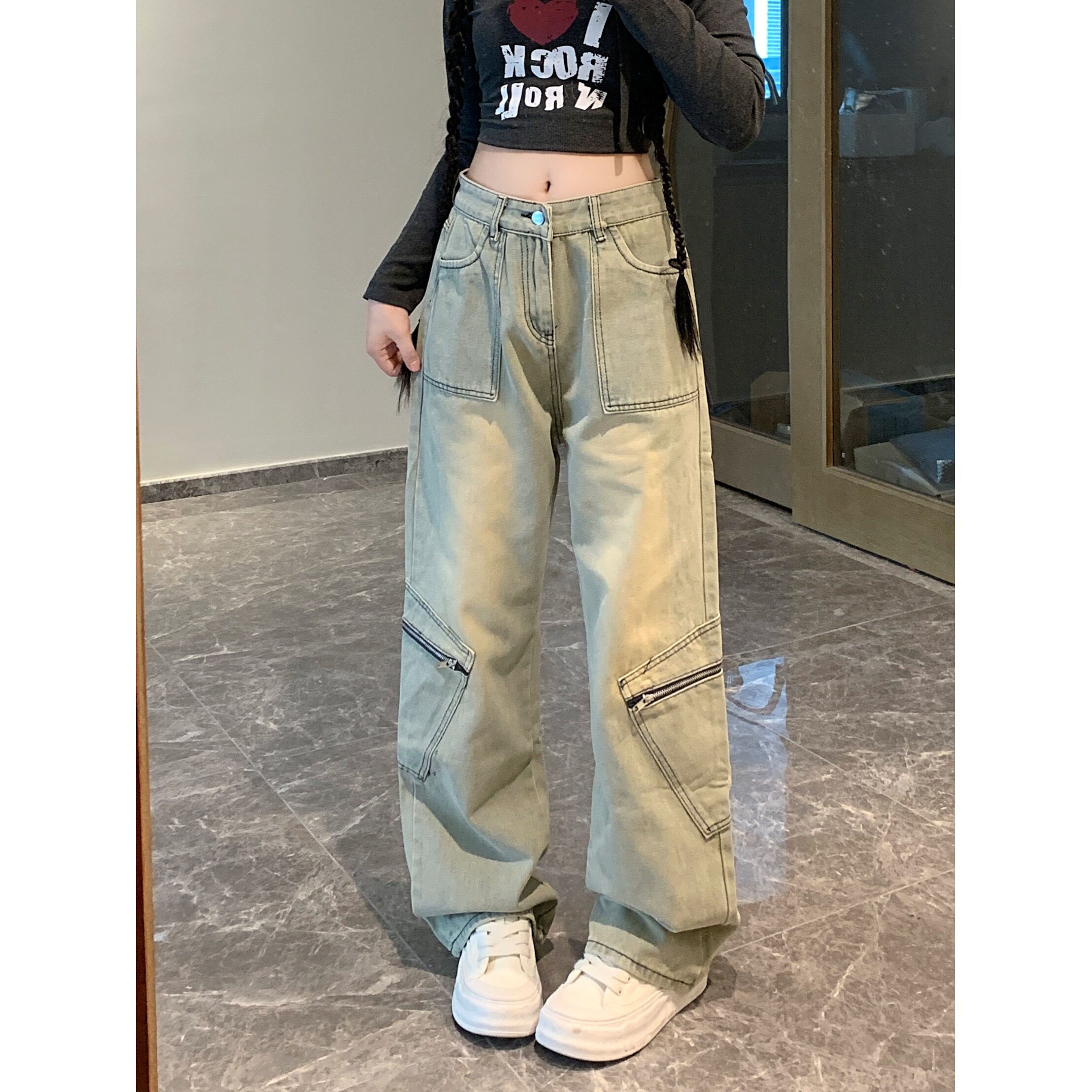 7992-P48四季款复古直筒水洗做旧工装裤高腰显瘦牛仔裤子女长裤,男装牛仔裤,电商A306A