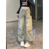 7992-P48四季款复古直筒水洗做旧工装裤高腰显瘦牛仔裤子女长裤，男装牛仔裤，电商A306A