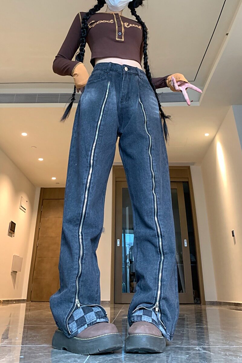 四季款2025美式拉链棋盘格牛仔裤女秋季高街高腰显瘦直筒裤,女装牛仔裤,电商A306A