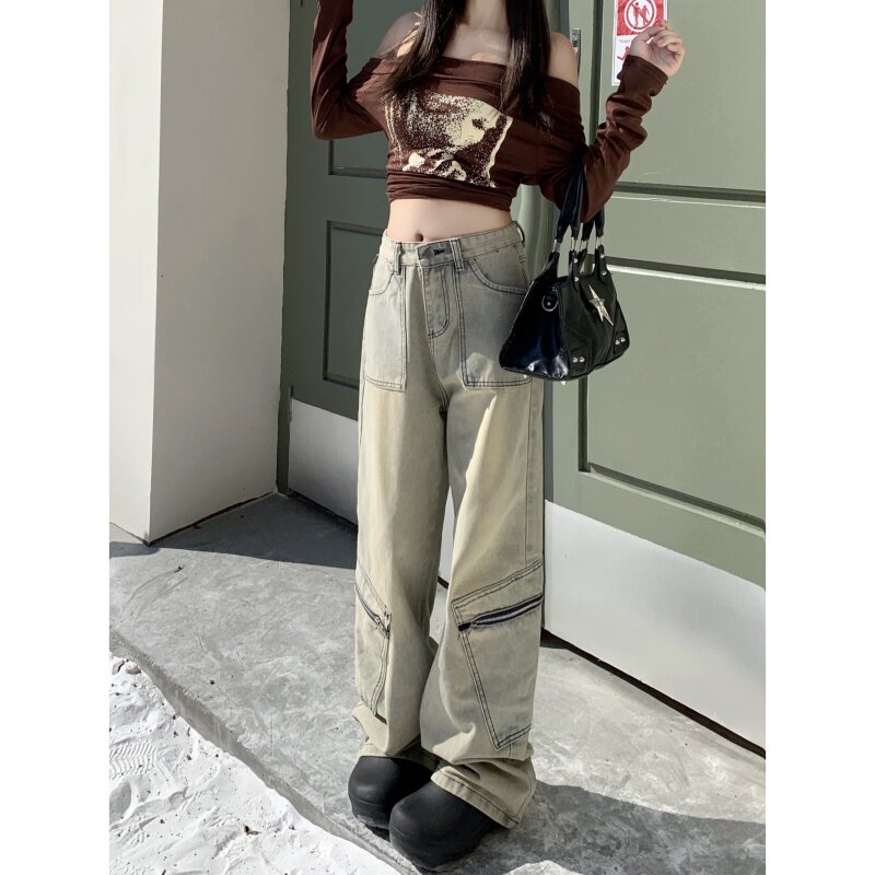 7992-P48 复古直筒水洗做旧工装裤高腰显瘦牛仔裤子女长裤子图片