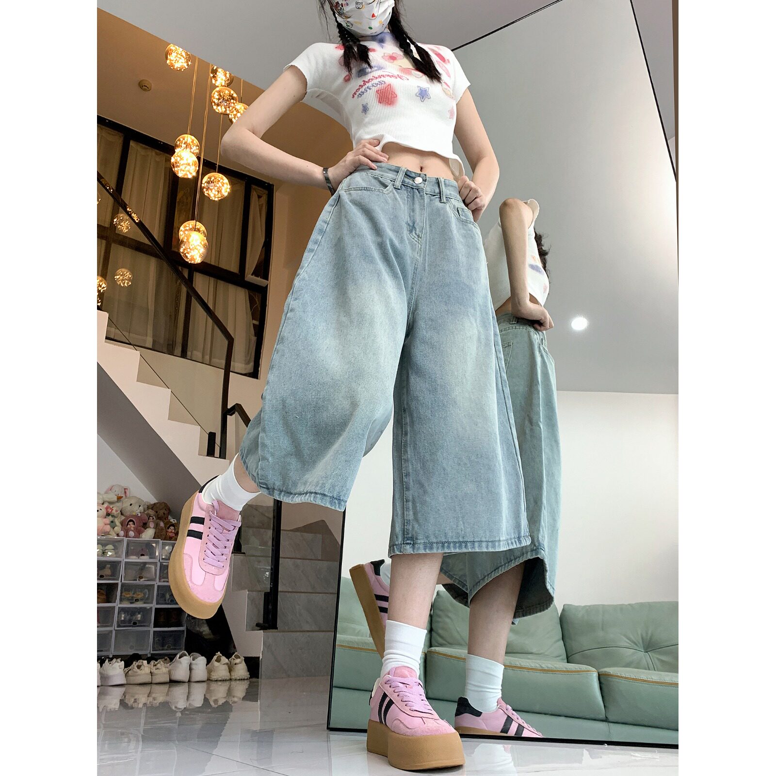 2025春夏美式牛仔裤子女夏季百搭高腰显瘦直筒阔腿七分裤,男装牛仔裤,电商A306A