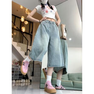 2025春夏美式牛仔裤子女夏季百搭高腰显瘦直筒阔腿七分裤图片
