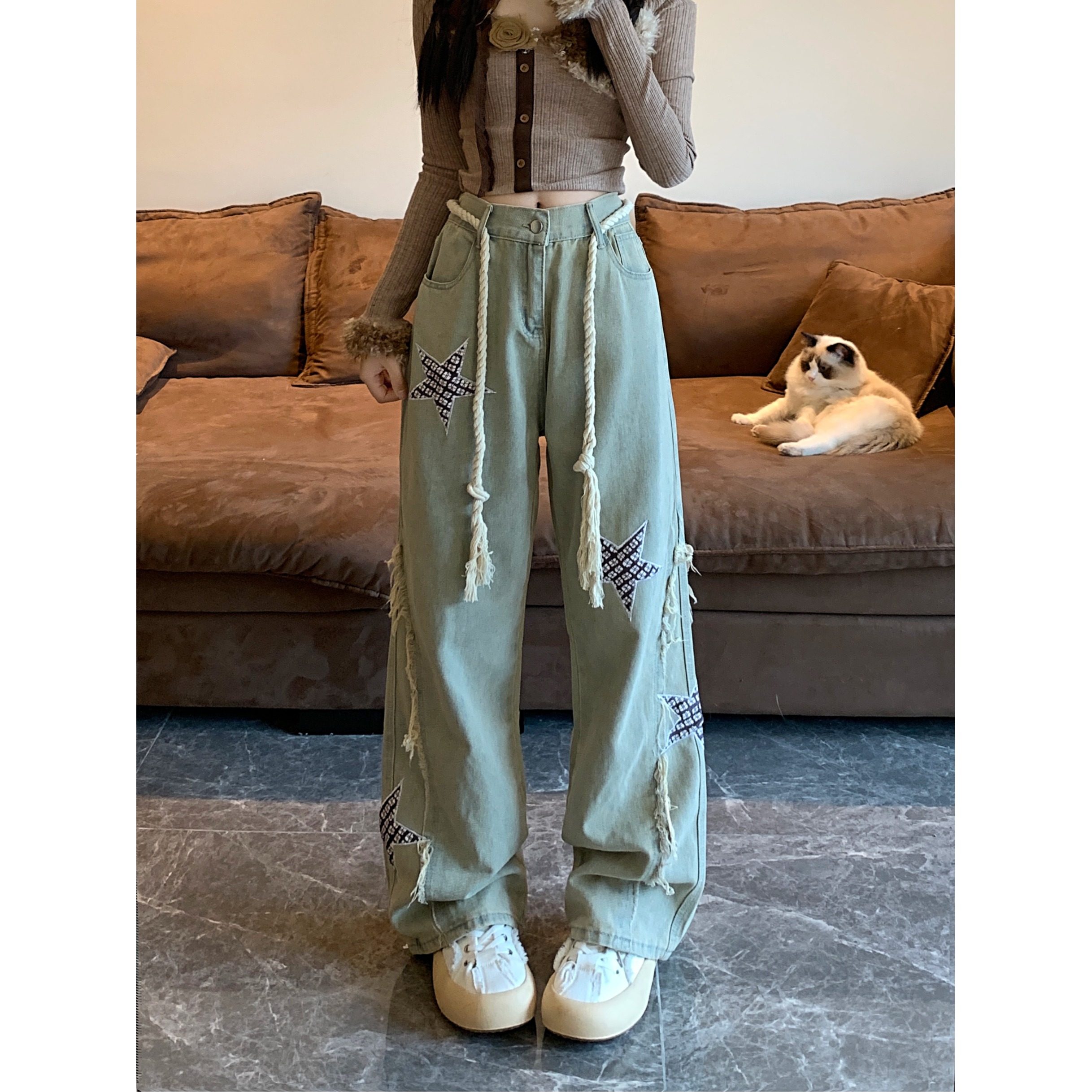6044-P42特 小众设计感星星美式街头牛仔裤女潮高街复古直筒裤图片