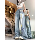 四季2025新款美式千禧辣妹设计感小众涂鸦直筒牛仔裤女高腰显瘦，男装牛仔裤，电商A306A