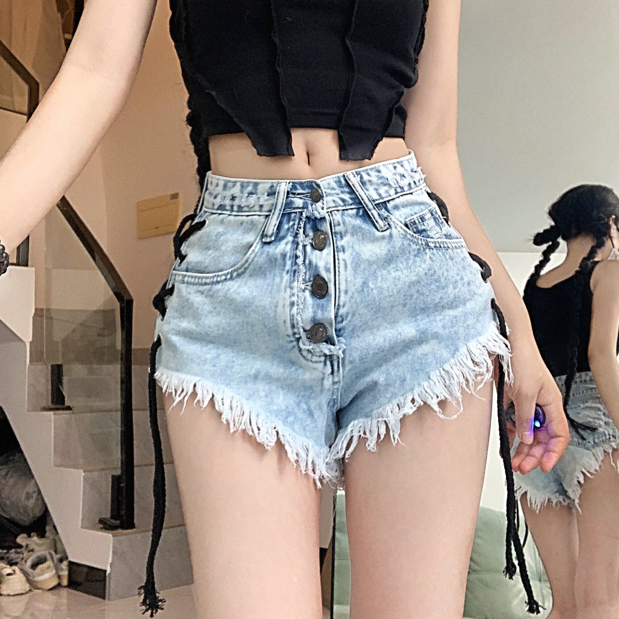 2259-P40 辣妹绑带牛仔裤女夏截图大码夜总店超a字毛边短裤图片