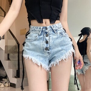 2259-P40 辣妹绑带牛仔裤女夏截图大码夜总店超a字毛边短裤图片