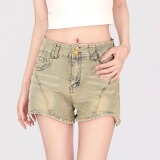 2270-P38辣妹不规则复古牛仔短裤女夏季高腰弹力修身热裤，女装牛仔裤，电商A306A