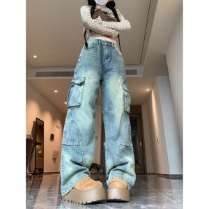 四季水洗复古口袋工装牛仔裤女2025新款直筒牛仔裤街头设计感裤图片