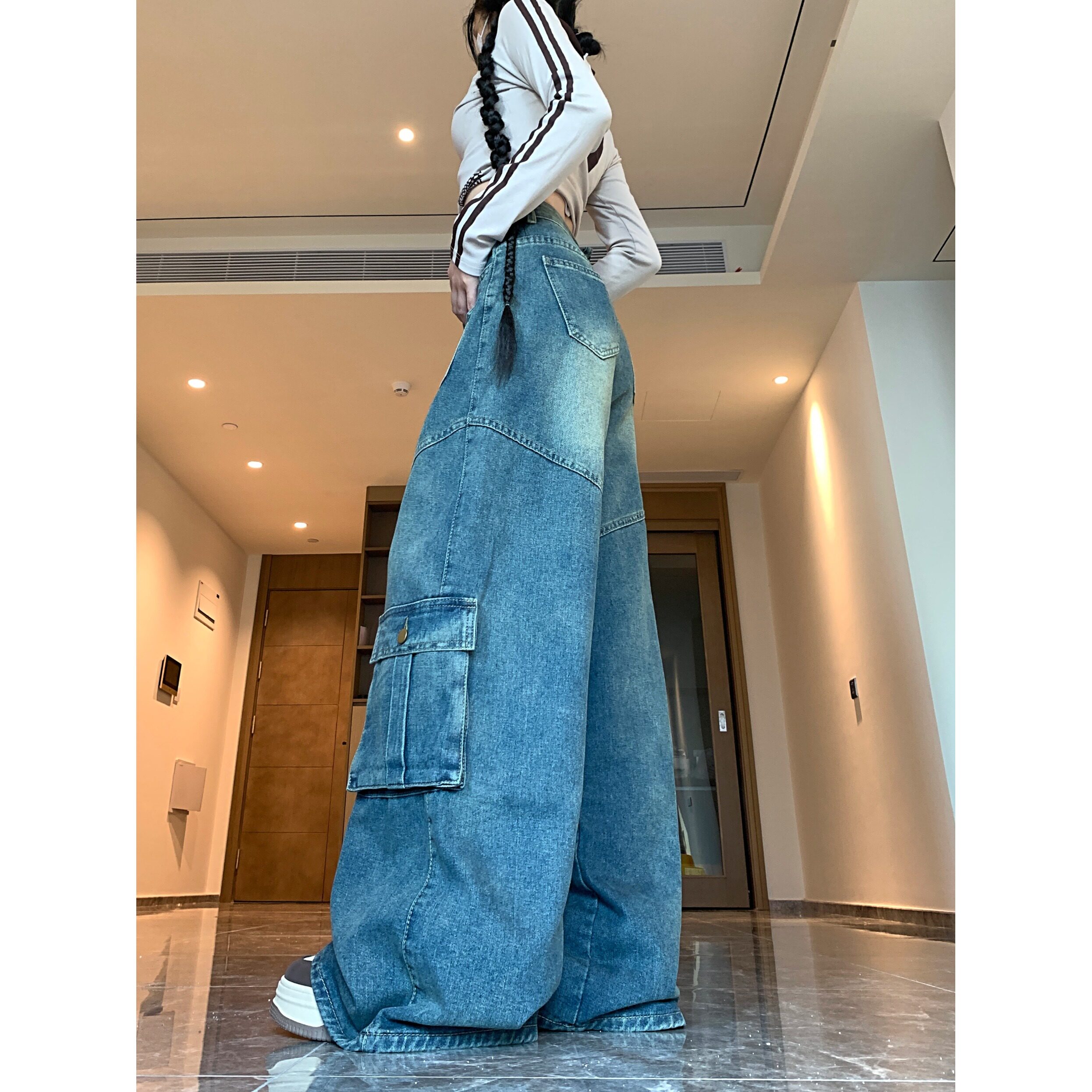 2025新款多口袋工装牛仔裤女新款宽松显瘦直筒拖地长裤,女装牛仔裤,电商A306A