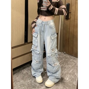 四季高街新款美式辣妹重工阔腿拖地牛仔裤高腰宽松直筒裤中性图片