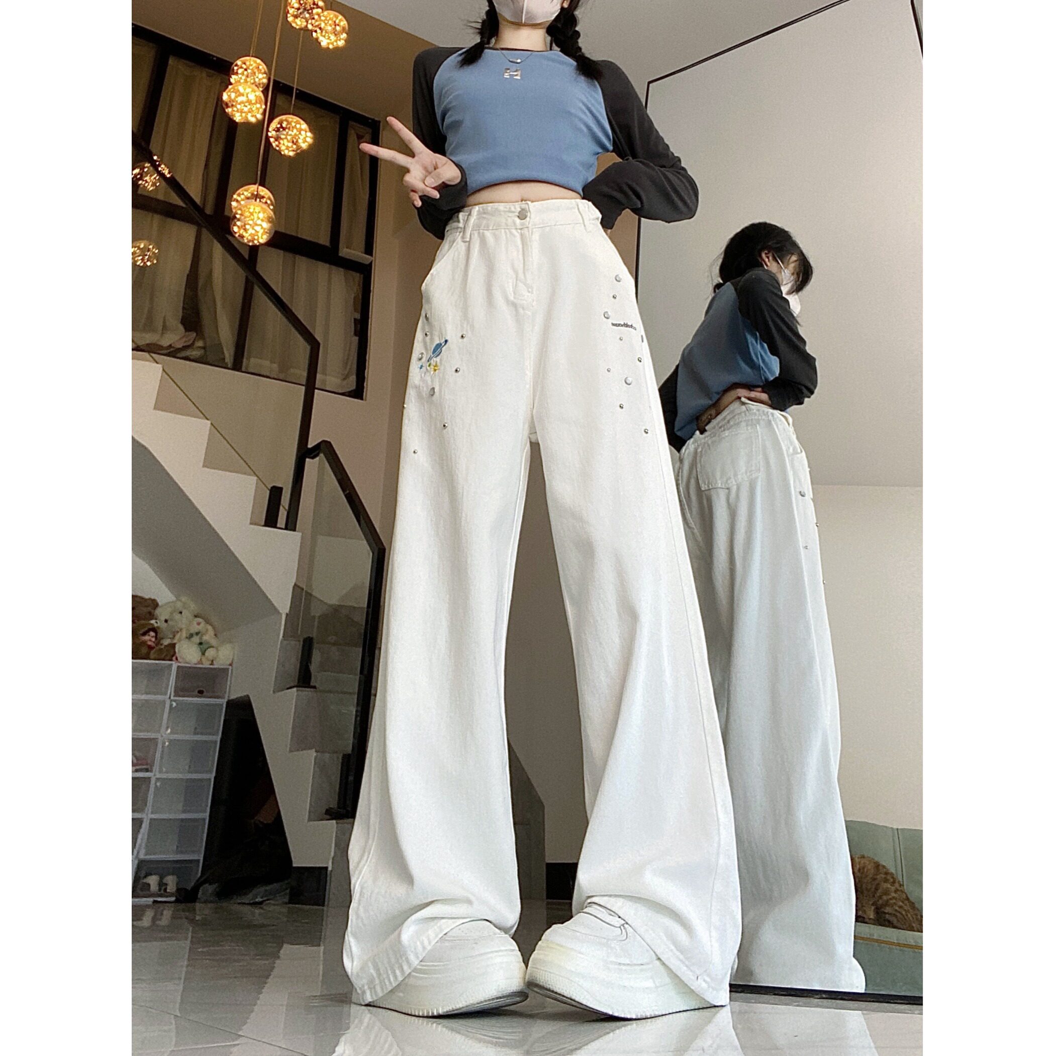 2025春夏直筒宽松阔腿工装运动高腰长裤简约韩版百搭宽松裤，女装牛仔裤，电商A306A