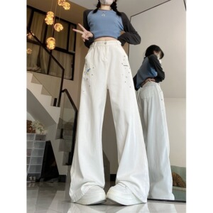 2025春夏直筒宽松阔腿工装运动高腰长裤简约韩版百搭宽松裤,女装牛仔裤,电商A306A