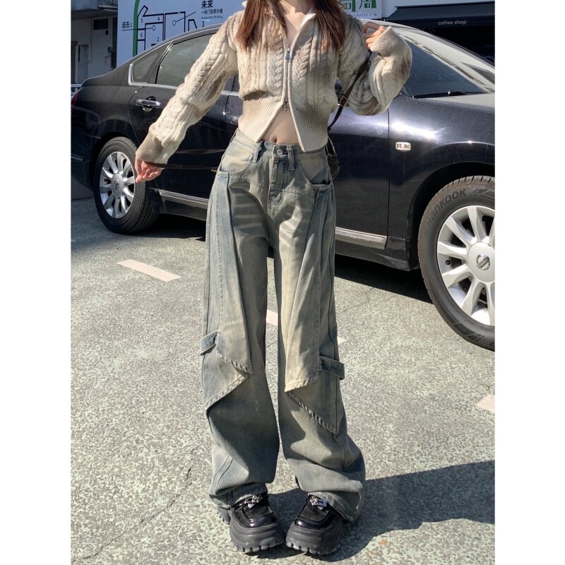 60621-P58 美式高街复古形微喇叭牛仔裤女高腰宽松垂感阔图片