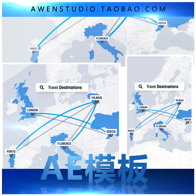 环游世界旅游主题包装世界地图连线辐射周边指针动画工具包AE模板