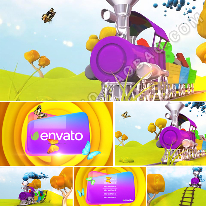 多彩儿童栏目电视节目包装小火车穿过田野蝴蝶飞舞片头动画AE模板