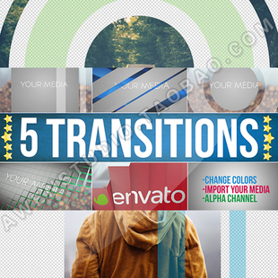 5种平面三维简洁的视频图片转场效果素材包工程源文件AE模板