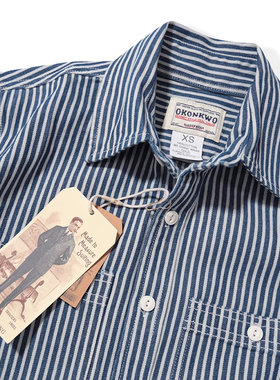 Emomo男女款中性重磅阿美咔叽复古风vintage竖条纹工装长袖衬衫