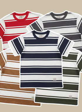 日系经典拼色复古条纹情侣中性230g重磅男女纯棉圆领短袖T恤tee