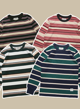 Emomo男女款中性彩色条纹280g重磅日系复古拼色纯棉圆领长袖T恤