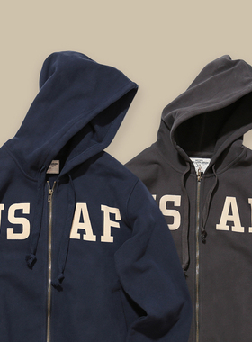 男女USAF重磅490克军事风美式复古加绒开衫拉链连帽外套情侣卫衣