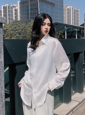 春夏醋酸缎面白衬衫女慵懒风男友衬衣冷淡宽松垂感上衣设计感小众
